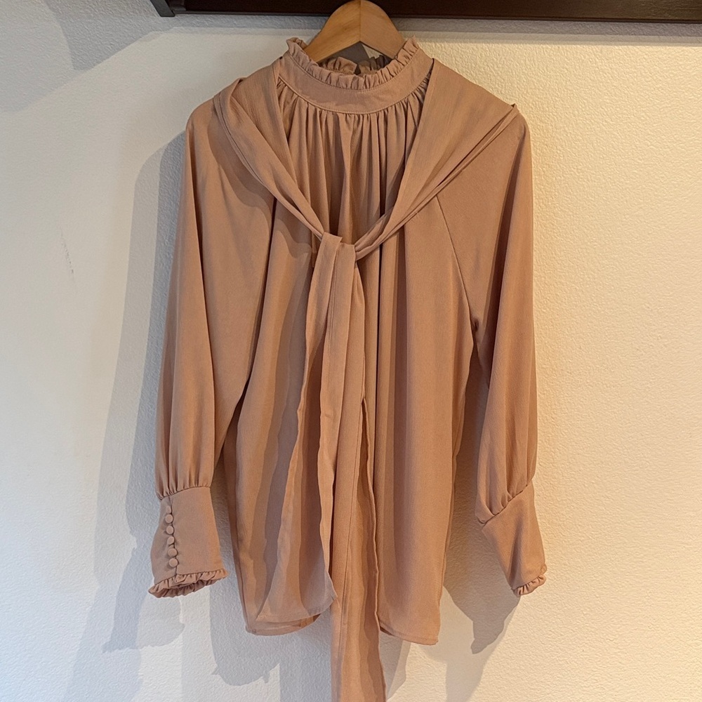 Ruffle Neck Button Sleeve Women's Blouse, Removable Tie, Beige, Size L